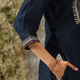 Khumar Navy Blue Embroidered Viscose SIlk Slub Long Kurti for Women