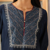 Khumar Navy Blue Embroidered Viscose SIlk Slub Long Kurti for Women