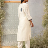 Khumar Pearl Ivory Embroidered Viscose SIlk Slub Long Kurti for Women