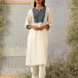 Khumar Pearl Ivory Embroidered Viscose SIlk Slub Long Kurti for Women