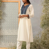 Khumar Pearl Ivory Embroidered Viscose SIlk Slub Long Kurti for Women
