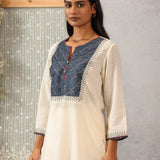 Khumar Pearl Ivory Embroidered Viscose SIlk Slub Long Kurti for Women