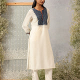 Khumar Pearl Ivory Embroidered Viscose SIlk Slub Long Kurti for Women