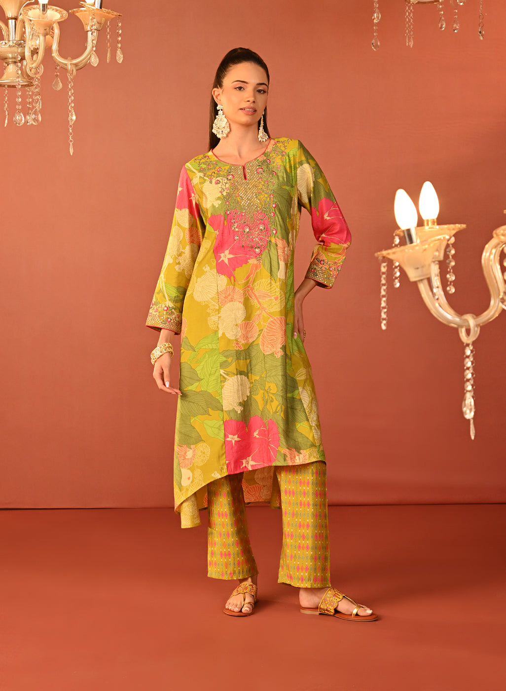 Tarana Lime Green Printed Chanderi Kurta Set for Women
