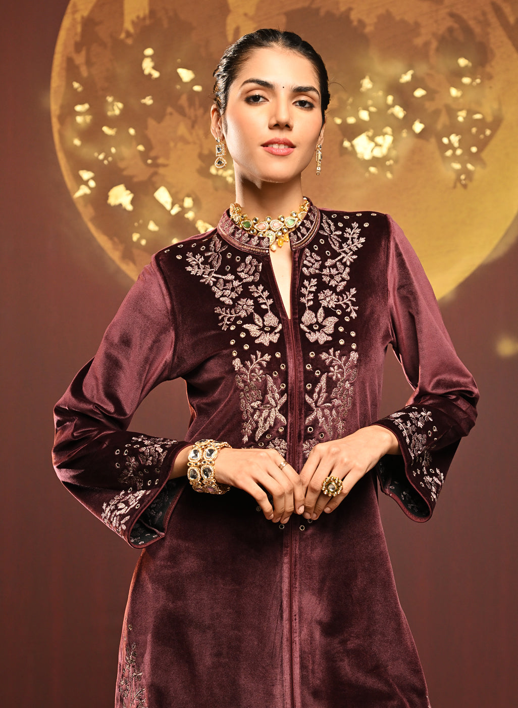 Mallika Pink Embroidered Velvet Co-ord Set for Women