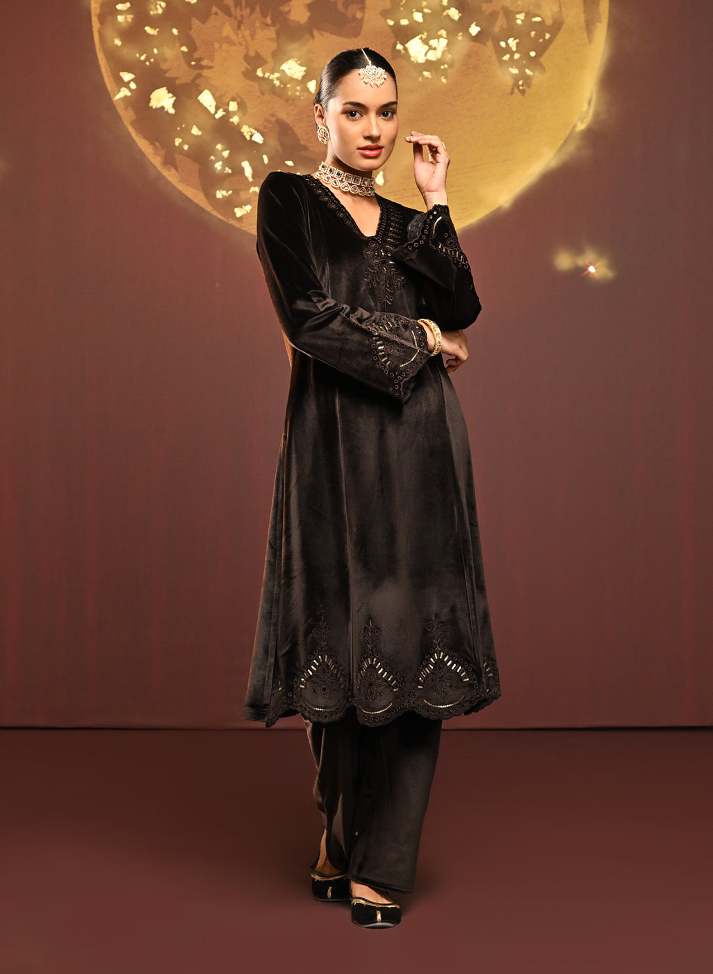 Woman in Sadia Brown Embroidered Velvet Co-ord Set