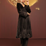 Woman in Sadia Brown Embroidered Velvet Co-ord Set