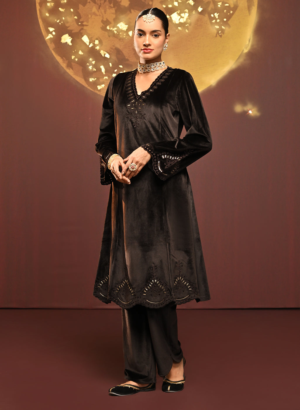 Woman wearing Sadia Brown Embroidered Velvet Co-ord Set