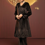 Woman wearing Sadia Brown Embroidered Velvet Co-ord Set