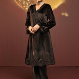 Woman wearing Sadia Brown Embroidered Velvet Co-ord Set