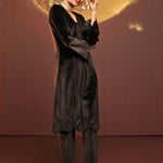 Woman swaying in Sadia Brown Embroidered Velvet Co-ord Set by Lakshita Fashion