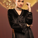 Woman showcasing the top of the Sadia Brown Embroidered Velvet Co-ord Set