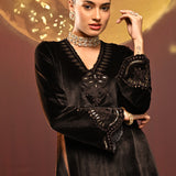 Woman showcasing the top of the Sadia Brown Embroidered Velvet Co-ord Set