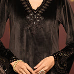 The detail work on neckline and sleeves of Sadia Brown Embroidered Velvet Co-ord Set