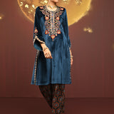 Faha Teal Blue Embroidered Velvet Kurta Set for Women with Dupatta