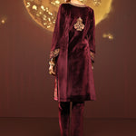 Back view of Mayal Maroon Embroidered Velvet Kurta Set for Women