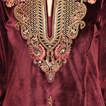 Close view on the heavy work of neckline of the Mayal Maroon Embroidered Velvet Kurta Set
