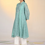 Woman posing in Fariha Carnation Green Embroidered Raschel Net Dress paired with white palazzos and golden pumps
