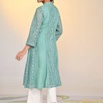 Side back view of Fariha Carnation Green Embroidered Raschel Net Dress