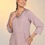 Woman smiling wearing Nadia Light Grey Printed V-Neck Kurta