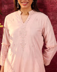 Inaya Salmon Pink Embroidered Cotton Linen Slub Kurta for Women