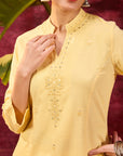 Inaya Lemon Yellow Embroidered Cotton Linen Slub Kurta for Women