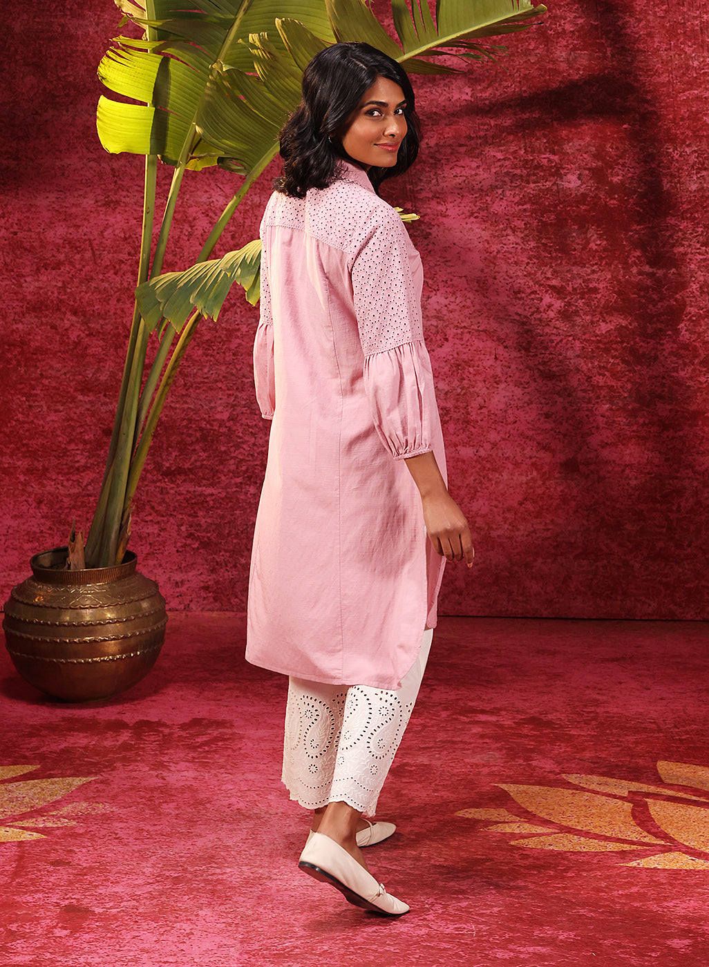 Kyla Basil Rose Pink Embroidered Cotton Linen Tunic for Women