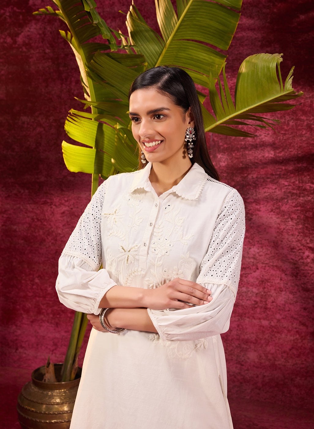 Kyla Basil Ivory Embroidered Cotton Linen Tunic for Women