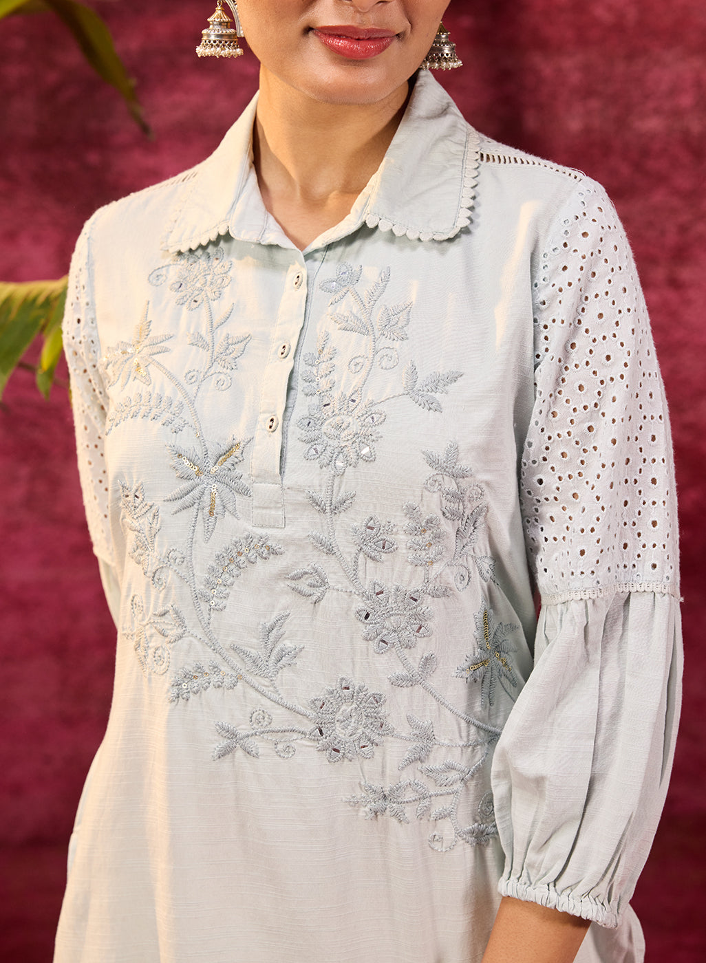 Kyla Basil Powder Blue Embroidered Cotton Linen Tunic for Women