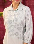 Kyla Basil Powder Blue Embroidered Cotton Linen Tunic for Women