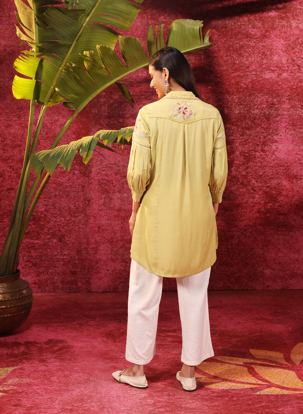 Suhani Apple Green Embroidered Viscose Satin Tunic for Women