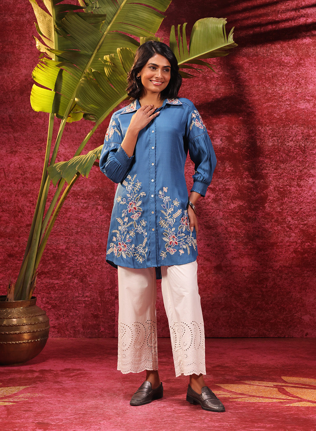 Suhani Ocean Blue Embroidered Viscose Satin Tunic for Women