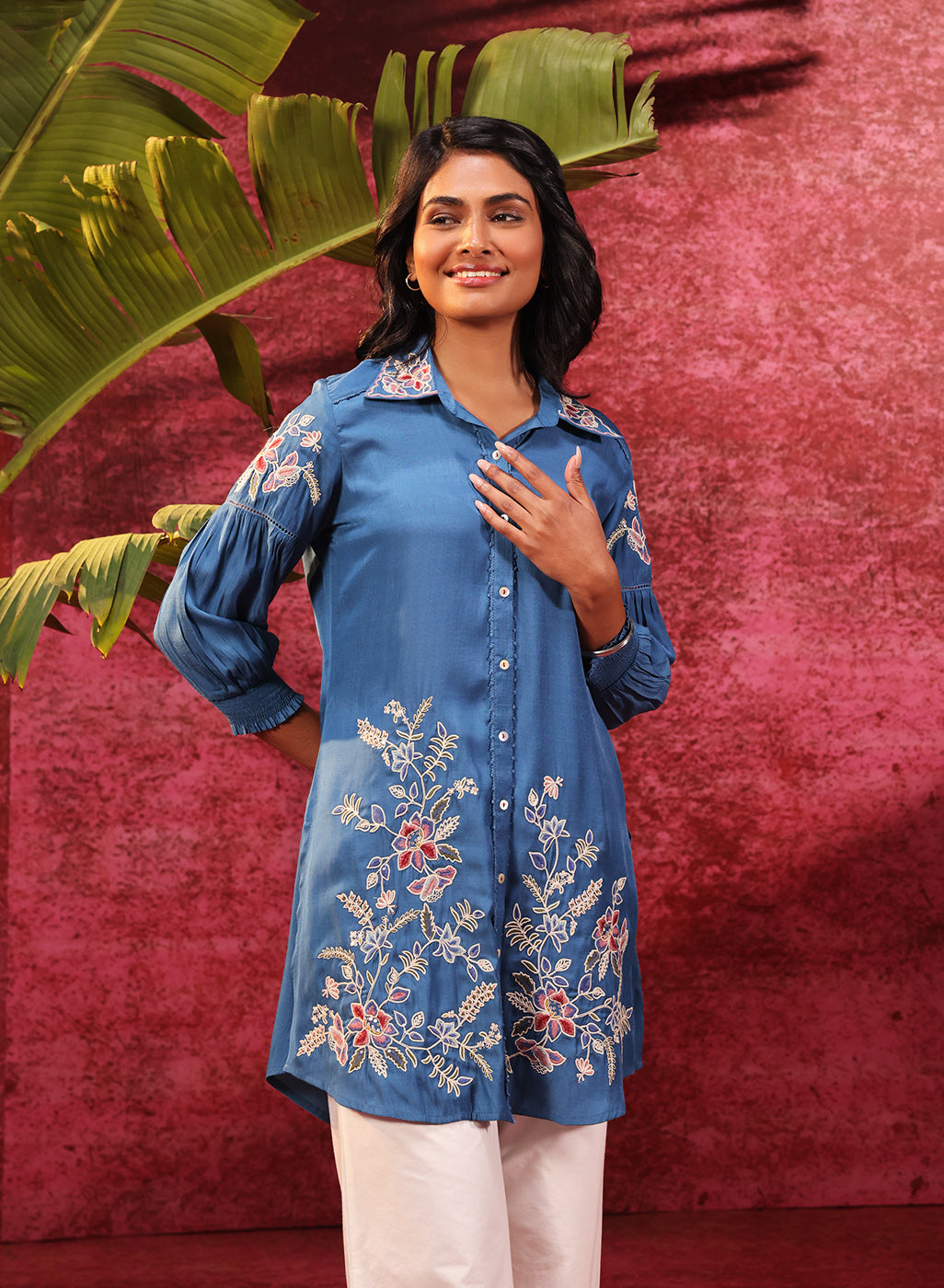 Suhani Ocean Blue Embroidered Viscose Satin Tunic for Women