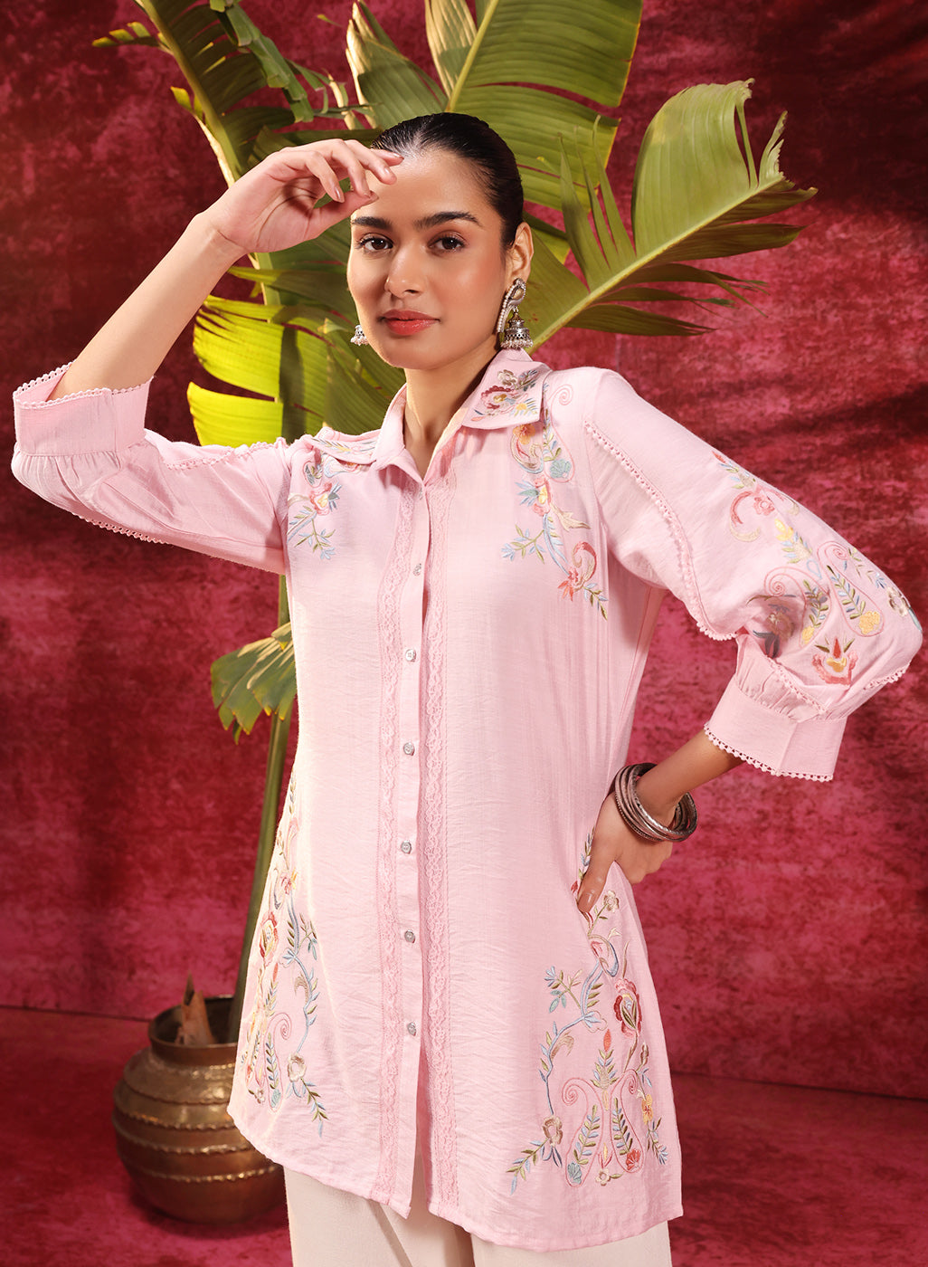 Hania Light Pink Embroidered Cotton Silk Shirt for Women
