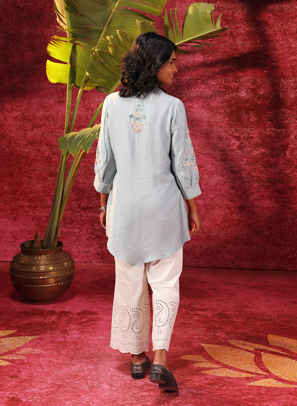 Hania Smokey Blue Embroidered Cotton Silk Shirt for Women
