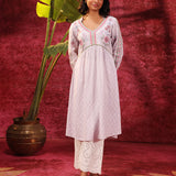 Rose Bud Lavender Embroidered Cotton Jacquard Designer Kurta for Women