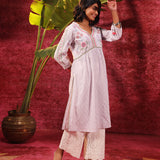 Rose Bud Lavender Embroidered Cotton Jacquard Designer Kurta for Women