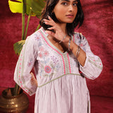 Rose Bud Lavender Embroidered Cotton Jacquard Designer Kurta for Women