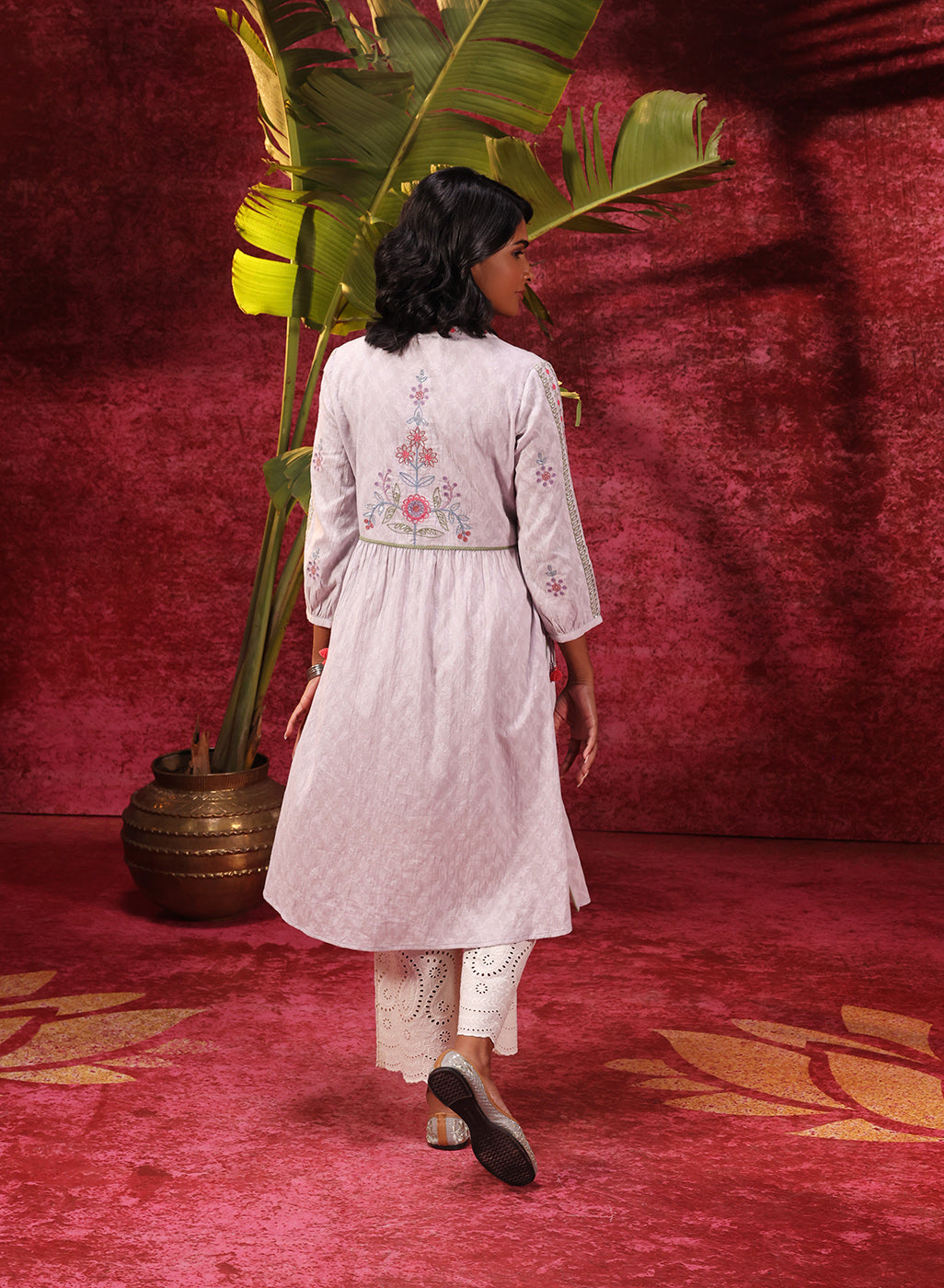 Rose Bud Lavender Embroidered Cotton Jacquard Designer Kurta for Women