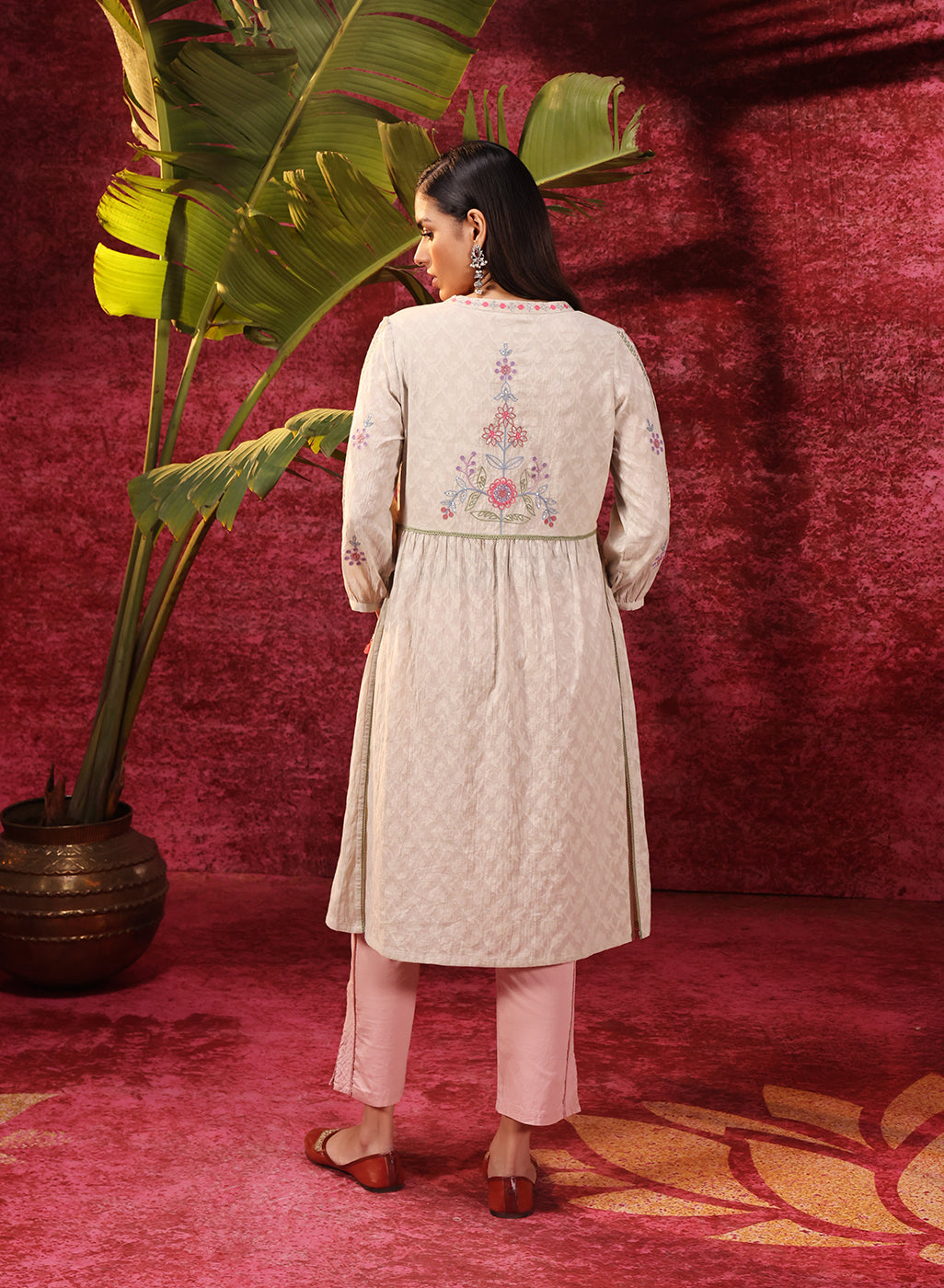 Rose Bud Green Embroidered Cotton Jacquard Designer Kurta for Women