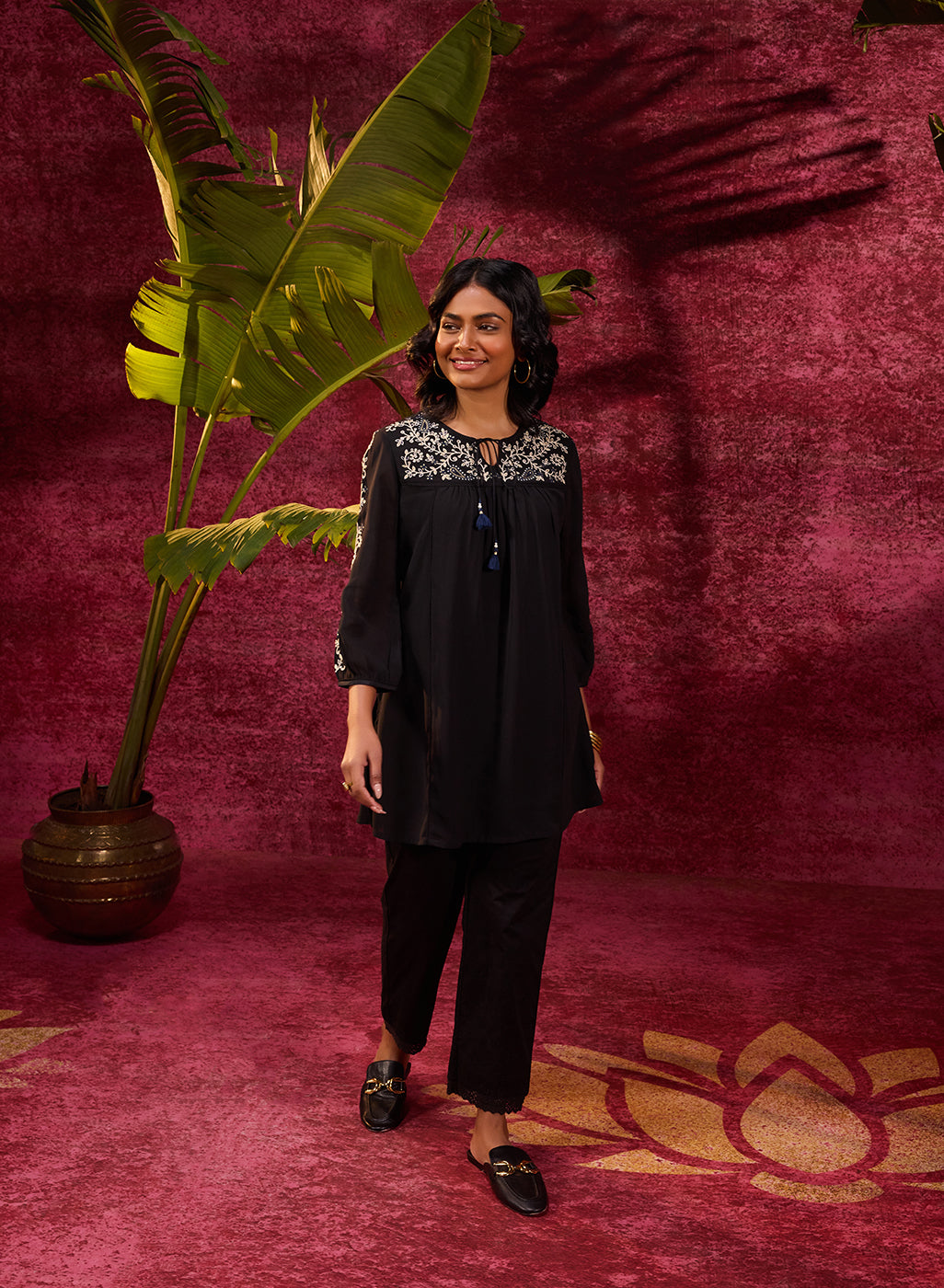 Nazakat Black Viscose Georgette Embroidered Top for Women