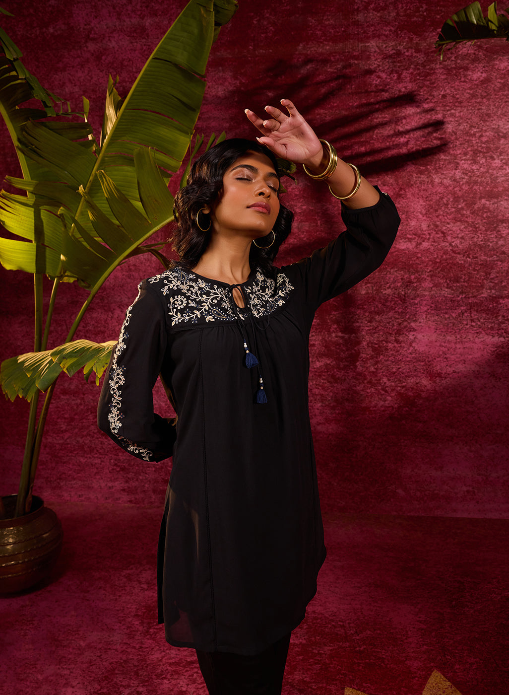 Nazakat Black Viscose Georgette Embroidered Top for Women