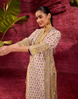 Apsara Moss Green Printed Cotton Silk Designer Kurta Set With Mandarin Collar & Sleek Straight Silhouette