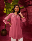 Nazakat Turkish Rose Pink Viscose Georgette Embroidered Top for Women