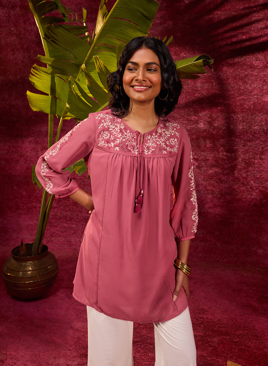 Nazakat Turkish Rose Pink Viscose Georgette Embroidered Top for Women