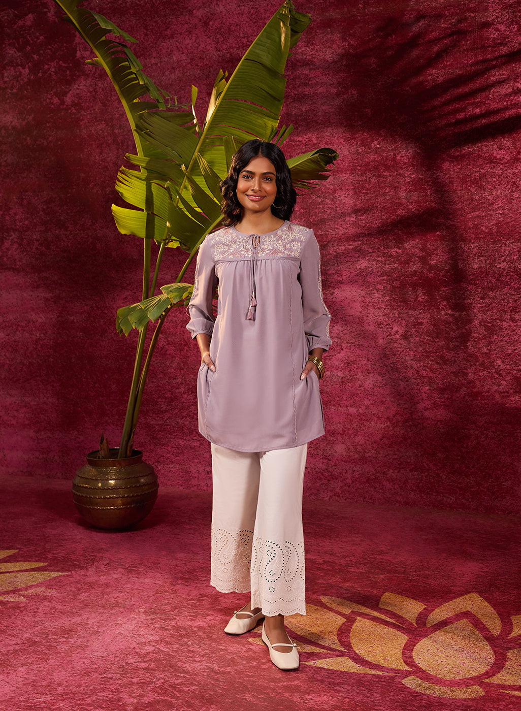 Nazakat Lilac Viscose Georgette Embroidered Top for Women