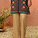 Fiora Beige Embroidered Straight Fit Pants for Women