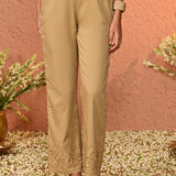 Fiora Beige Embroidered Straight Fit Pants for Women