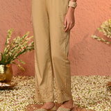 Fiora Beige Embroidered Straight Fit Pants for Women