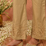 Fiora Beige Embroidered Straight Fit Pants for Women